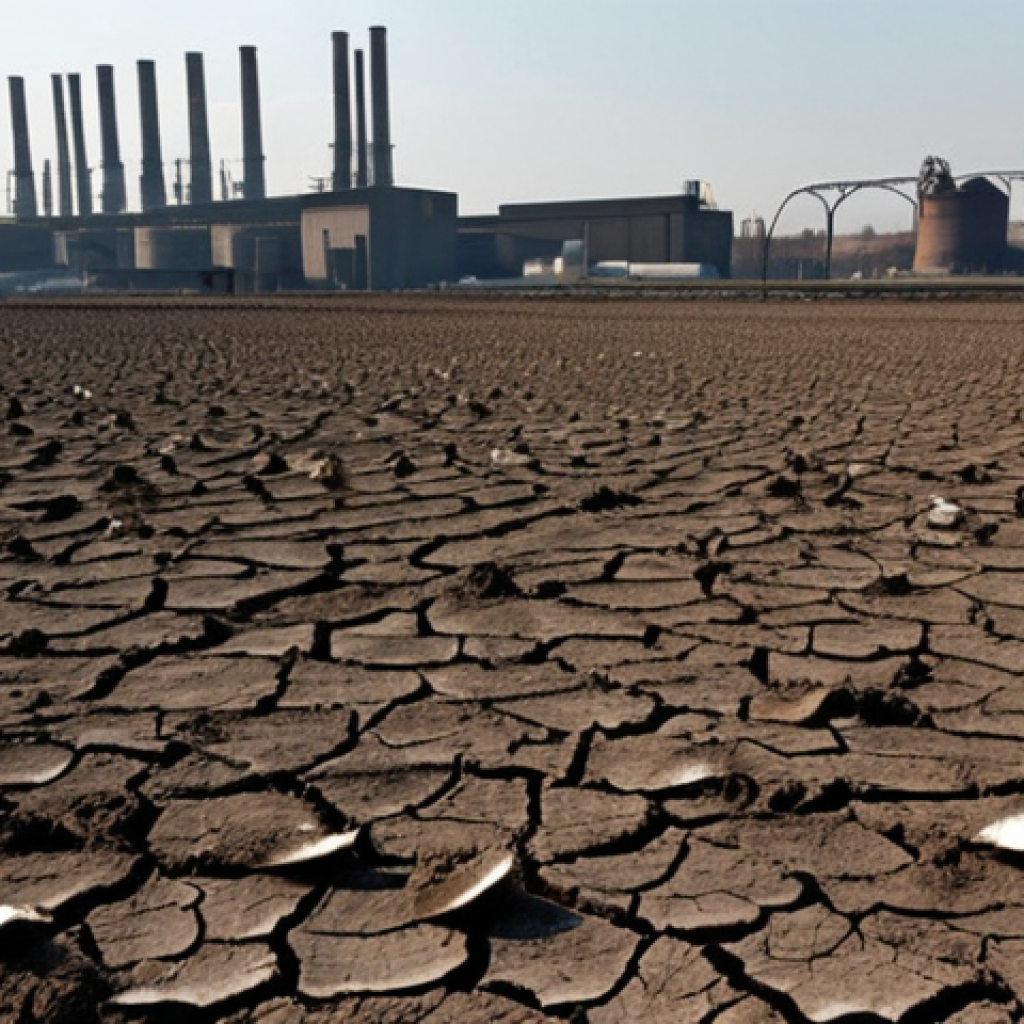 **

A field of withered crops with dark, cracked soil in the foreground. In the background, a factory with smokestacks emitting pollution. Focus on the contrast between the barren land and the source of the pollution. Depict a sense of despair and environmental damage.

**