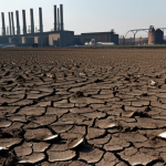 **

A field of withered crops with dark, cracked soil in the foreground. In the background, a factory with smokestacks emitting pollution. Focus on the contrast between the barren land and the source of the pollution. Depict a sense of despair and environmental damage.

**
