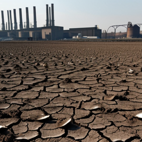 **

A field of withered crops with dark, cracked soil in the foreground. In the background, a factory with smokestacks emitting pollution. Focus on the contrast between the barren land and the source of the pollution. Depict a sense of despair and environmental damage.

**
