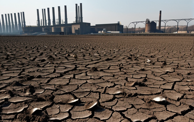 **

A field of withered crops with dark, cracked soil in the foreground. In the background, a factory with smokestacks emitting pollution. Focus on the contrast between the barren land and the source of the pollution. Depict a sense of despair and environmental damage.

**