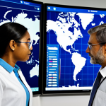 A diverse team of professional environmental scientists, fully clothed in modest, appropriate attire, are engaged in a state-of-the-art environmental monitoring control center. They stand and interact thoughtfully around large, interactive digital screens displaying intricate data visualizations: real-time global air quality maps, detailed water quality graphs, and complex IoT sensor network overlays. The modern workspace is brightly lit, clean, and futuristic, emphasizing collaboration and advanced technology. Perfect anatomy, correct proportions, natural pose, well-formed hands, proper finger count, natural body proportions, professional photography, high quality, high resolution, safe for work, appropriate content, fully clothed, professional, family-friendly.