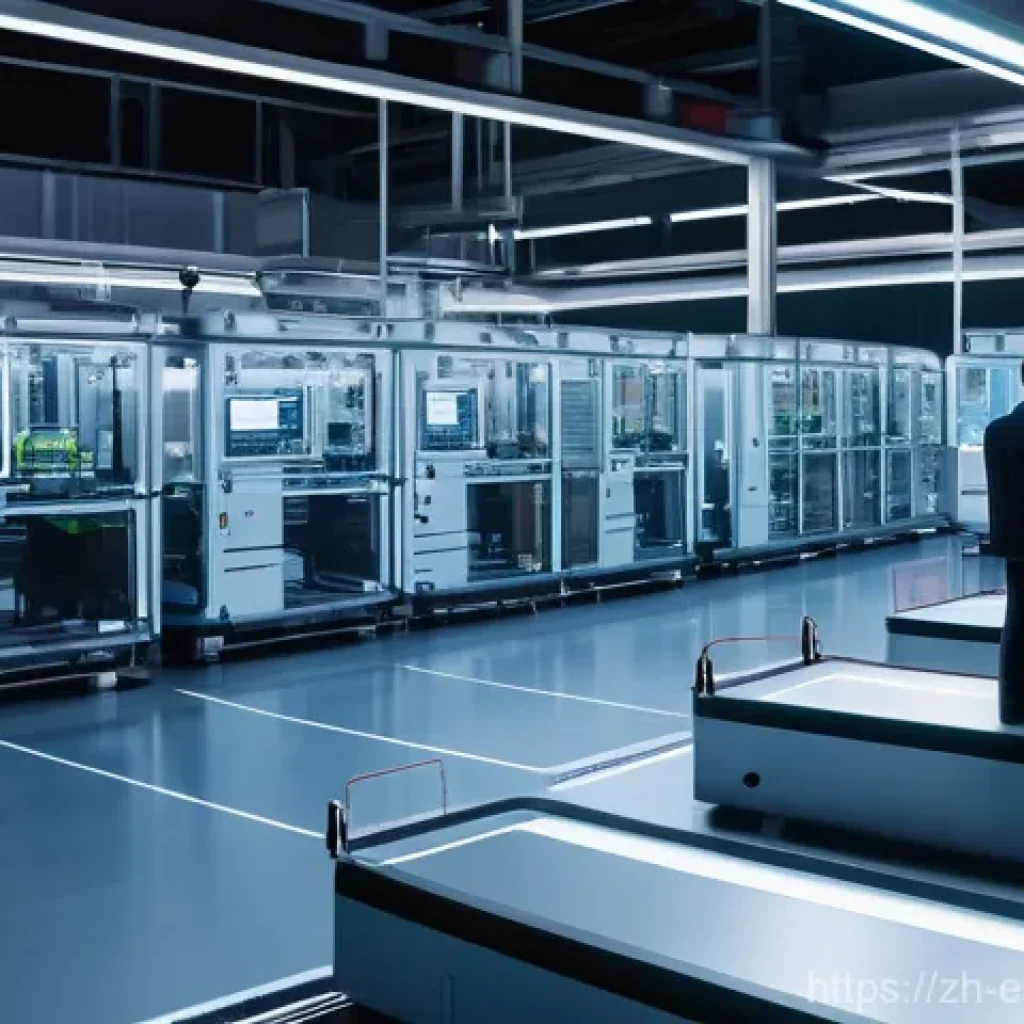 자원 효율적인 산업 공정 - **Prompt:** A futuristic, ultra-modern smart factory interior bathed in cool, ambient light. Robotic...