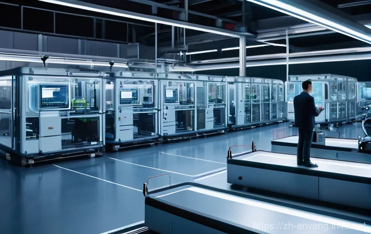 자원 효율적인 산업 공정 - **Prompt:** A futuristic, ultra-modern smart factory interior bathed in cool, ambient light. Robotic...
