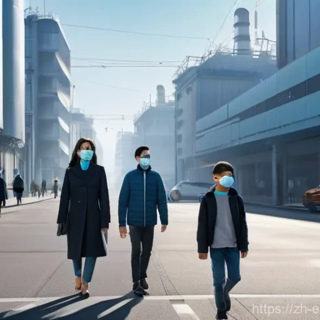 환경오염과 미세먼지 - **Prompt:** A bustling, futuristic city street at dawn, viewed from a slightly elevated perspective....