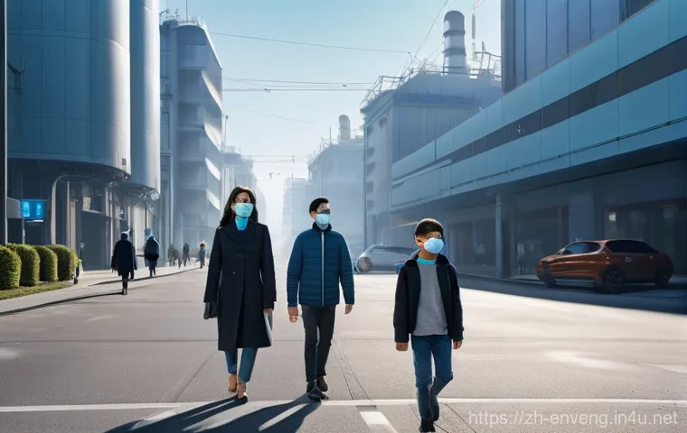 환경오염과 미세먼지 - **Prompt:** A bustling, futuristic city street at dawn, viewed from a slightly elevated perspective....