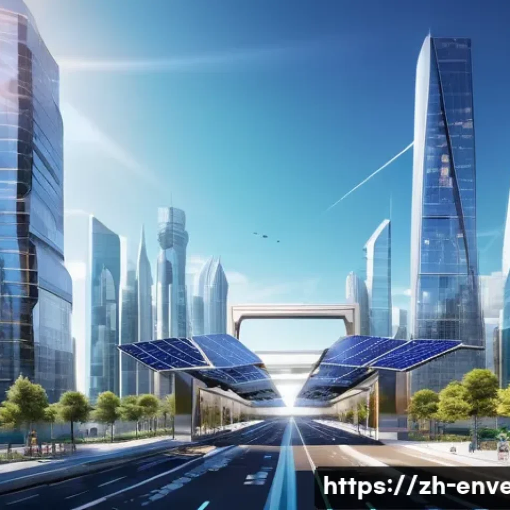 기후 변화 대응을 위한 기술 개발 - **Subject:** A bright and futuristic cityscape showcasing solar energy innovation. **Details:** Glea...