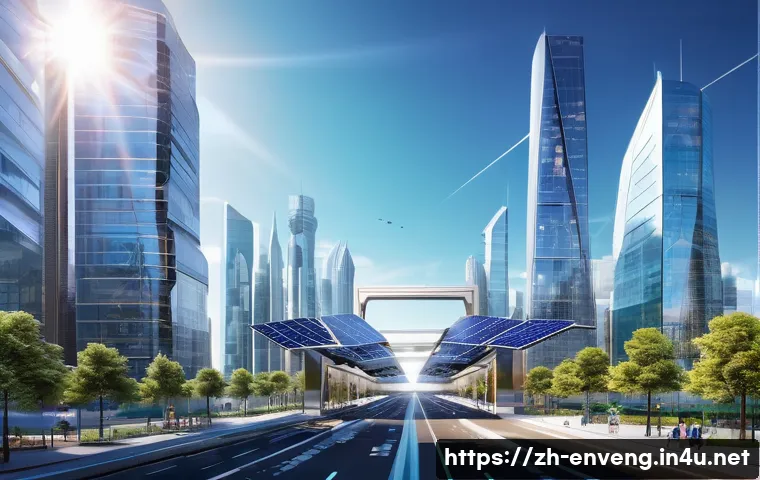 기후 변화 대응을 위한 기술 개발 - **Subject:** A bright and futuristic cityscape showcasing solar energy innovation. **Details:** Glea...