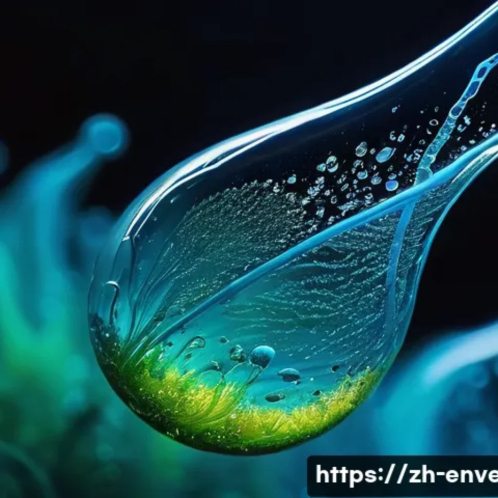 생물학적 폐수 처리 기술 - **Prompt:** A mesmerizing, highly detailed close-up of a vibrant microscopic world within a drop of ...
