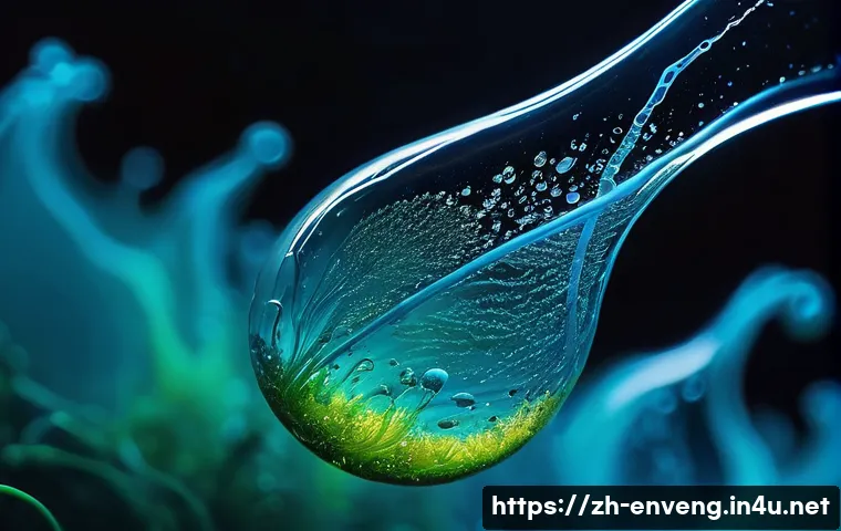 생물학적 폐수 처리 기술 - **Prompt:** A mesmerizing, highly detailed close-up of a vibrant microscopic world within a drop of ...