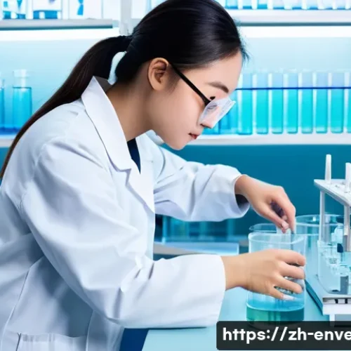 환경공학 실습 과목 - A modern environmental engineering laboratory scene featuring a young Chinese scientist wearing a la...
