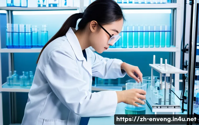 환경공학 실습 과목 - A modern environmental engineering laboratory scene featuring a young Chinese scientist wearing a la...