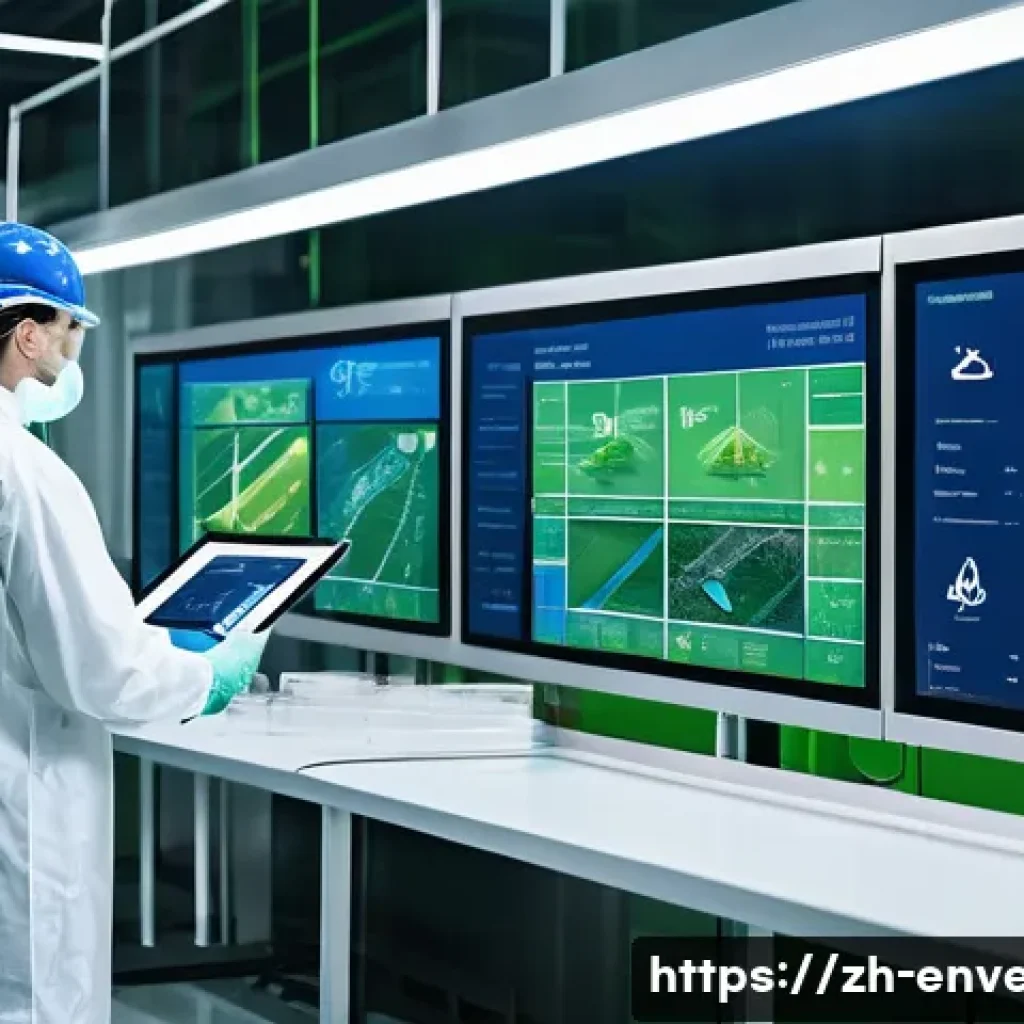 환경공학의 비즈니스 모델 - A futuristic industrial facility specializing in green innovation, showcasing advanced waste treatme...