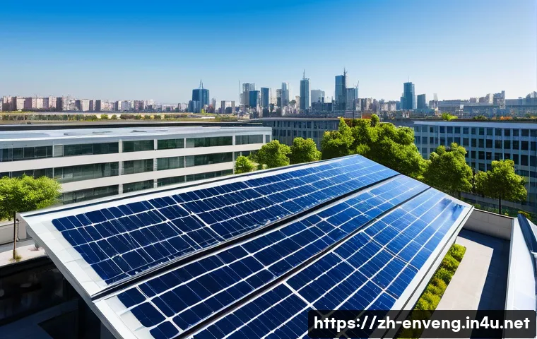 친환경 에너지 기술 개발 - A modern urban rooftop scene featuring advanced flexible solar panels and transparent solar glass in...