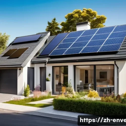 재생 가능 에너지 기술 - A modern residential rooftop covered with sleek solar panels under a bright sunny sky, showcasing a ...