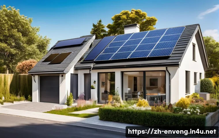 재생 가능 에너지 기술 - A modern residential rooftop covered with sleek solar panels under a bright sunny sky, showcasing a ...