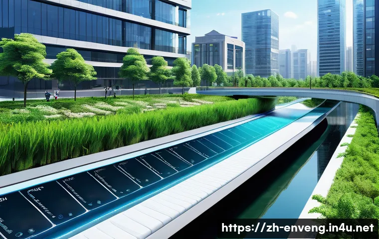 지속 가능한 물 관리 - A futuristic urban water management scene in a modern Chinese city featuring smart water meters inst...