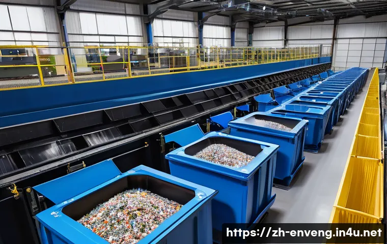 재활용 및 자원 순환 기술 - A high-tech automated waste sorting facility with robotic arms equipped with advanced machine vision...