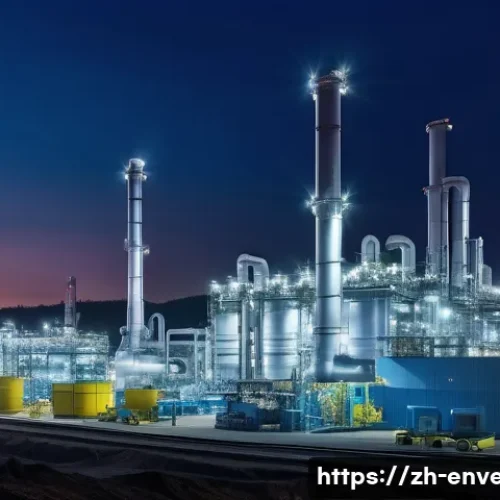 폐기물의 에너지화 기술 - A modern urban waste gasification facility at dusk, showing large industrial reactors with glowing b...
