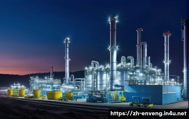 폐기물의 에너지화 기술 - A modern urban waste gasification facility at dusk, showing large industrial reactors with glowing b...