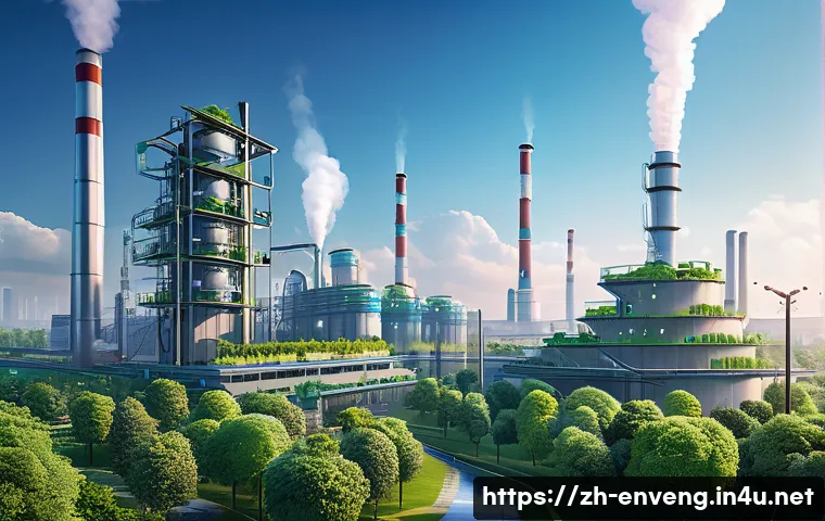 국내외 환경공학 정책 - A futuristic urban environment featuring smart environmental monitoring systems: tall industrial fac...