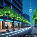 환경공학의 공학적 접근 - A futuristic urban street scene featuring smart environmental monitoring sensors installed on lamp p...