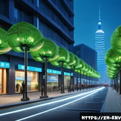 환경공학의 공학적 접근 - A futuristic urban street scene featuring smart environmental monitoring sensors installed on lamp p...