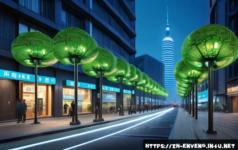 환경공학의 공학적 접근 - A futuristic urban street scene featuring smart environmental monitoring sensors installed on lamp p...