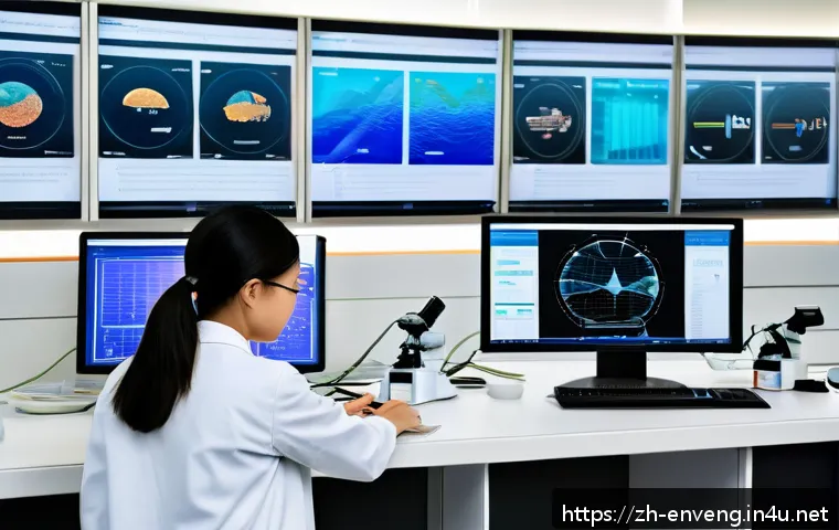 환경과학과 환경공학의 차이점 - A detailed scientific laboratory scene showcasing environmental scientists in white lab coats analyz...