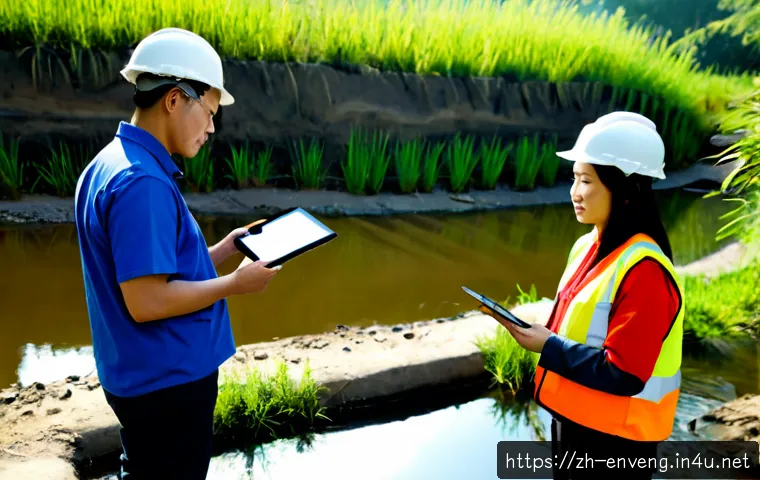 환경공학 문제 해결 기법 - Photorealistic environmental engineers in safety helmets and reflective vests examining a restored u...